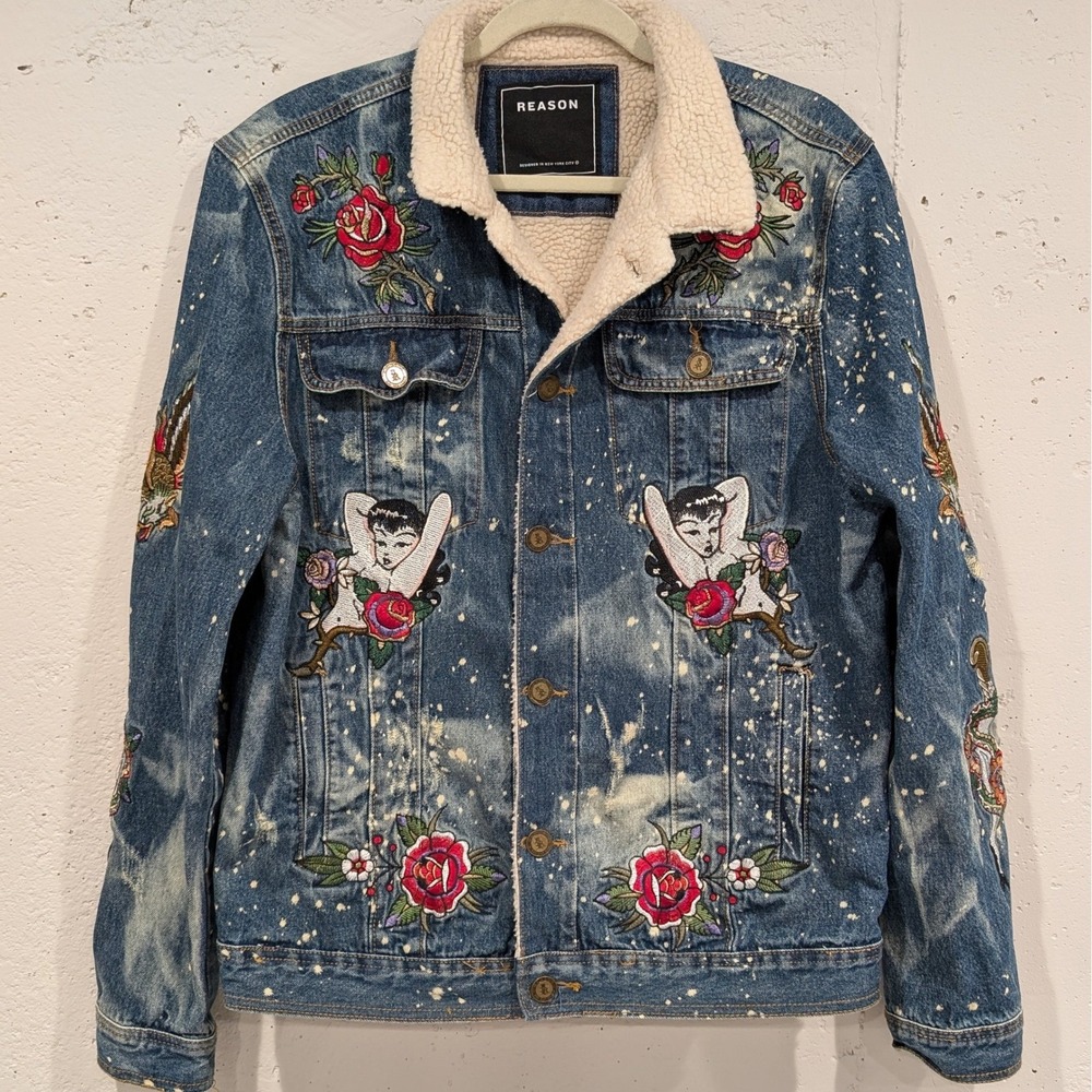 Reason Denim Sherpa Trucker Jacket L Death Before Dishonor Embroidery Distressed